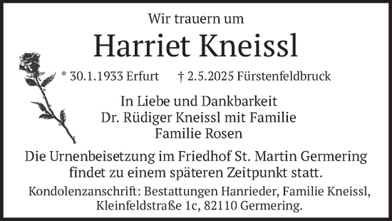 Todesanzeige von Harriet Kneissl von merkurtz