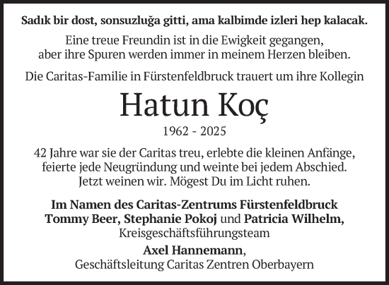 Todesanzeige von Hatun Koc von merkurtz