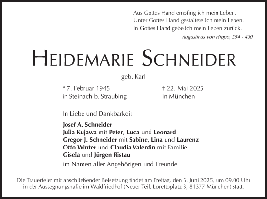 Todesanzeige von Heidemarie Schneider von merkurtz