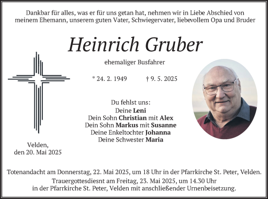 Todesanzeige von Heinrich Gruber von merkurtz
