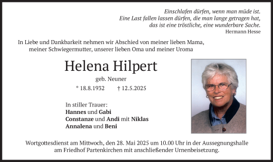 Todesanzeige von Helena Hilpert von merkurtz