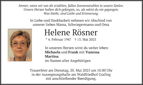 Todesanzeige von Helene Rösner von merkurtz