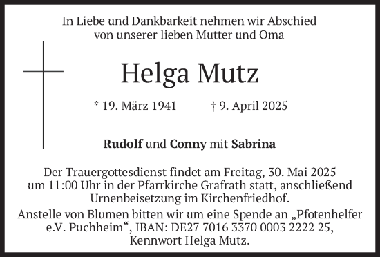 Todesanzeige von Helga Mutz von merkurtz