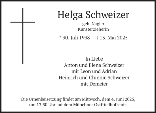 Todesanzeige von Helga Schweizer von merkurtz