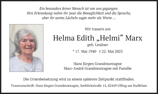 Todesanzeige von Helma Edith Marx von merkurtz