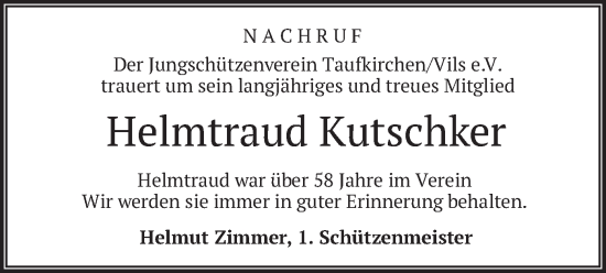 Todesanzeige von Helmtraud Kutschker von merkurtz