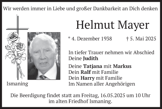 Todesanzeige von Helmut Mayer von merkurtz