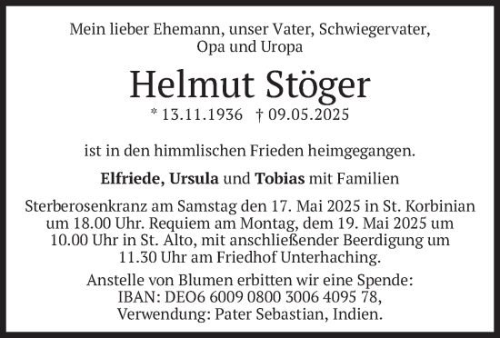 Todesanzeige von Helmut Stöger von merkurtz