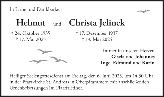 Todesanzeige von Helmut und Christa Jelinek von merkurtz