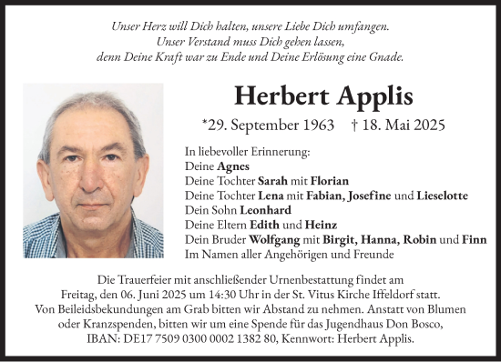 Todesanzeige von Herbert Applis von Das Gelbe Blatt Penzberg
