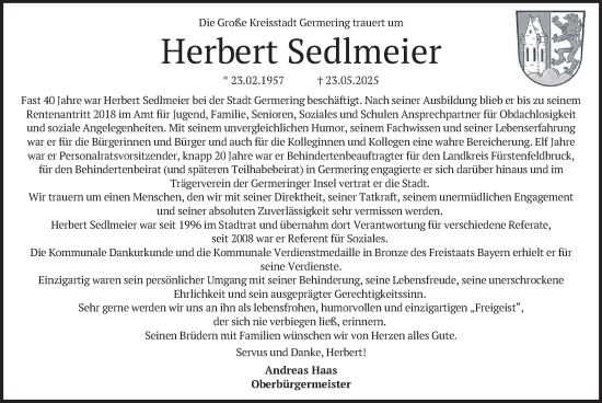Todesanzeige von Herbert Sedlmeier von merkurtz