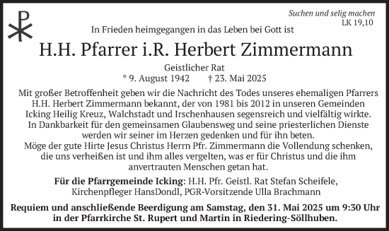 Todesanzeige von Herbert Zimmermann von merkurtz