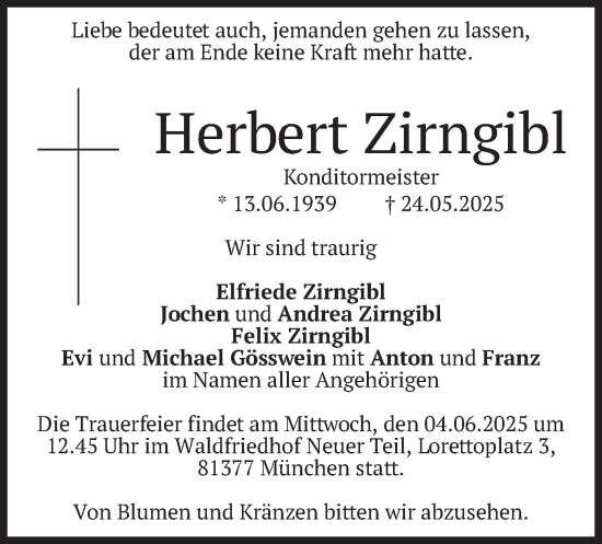 Todesanzeige von Herbert Zirngibl von merkurtz