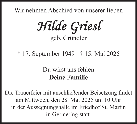 Todesanzeige von Hilde Griesl von merkurtz