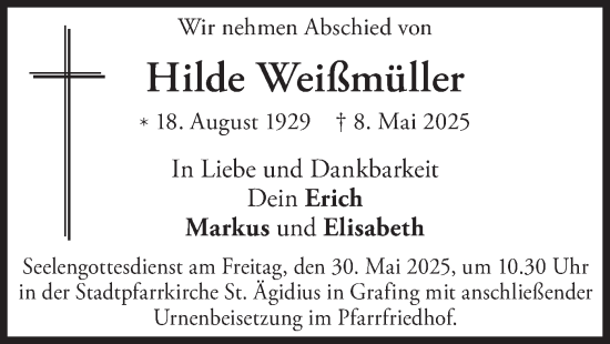 Todesanzeige von Hilde Weißmüller von merkurtz