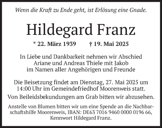Todesanzeige von Hildegard Franz von merkurtz