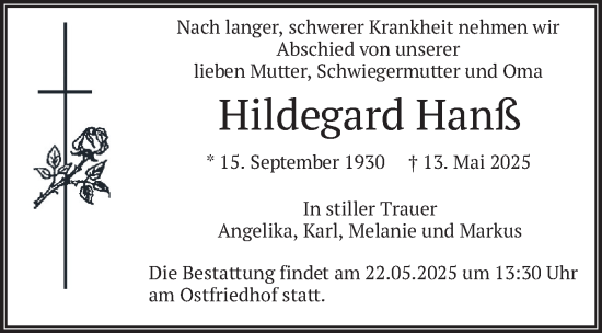 Todesanzeige von Hildegard Hanß von merkurtz