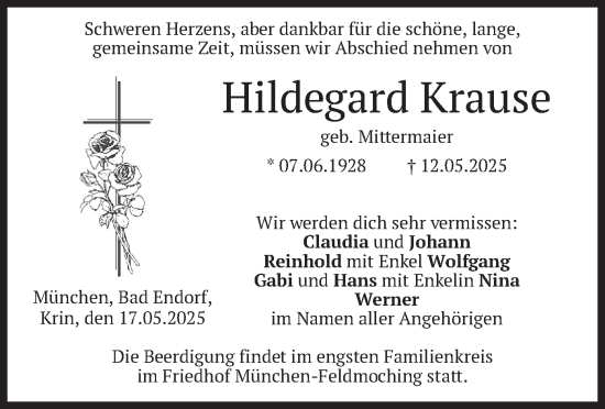 Todesanzeige von Hildegard Krause von merkurtz