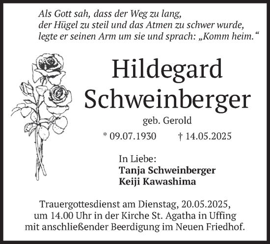 Todesanzeige von Hildegard Schweinberger von merkurtz