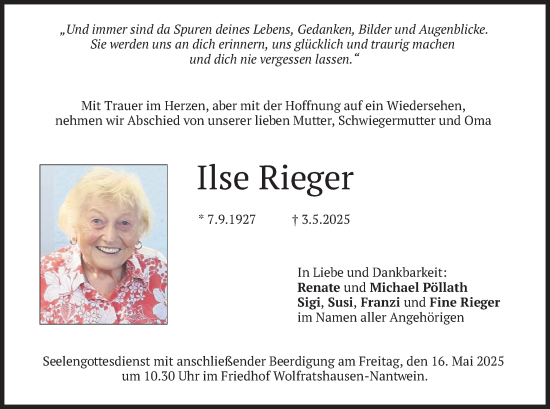 Todesanzeige von Ilse Rieger von merkurtz