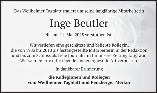 Todesanzeige von Inge Beutler von merkurtz