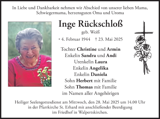 Todesanzeige von Inge Rückschloß von merkurtz