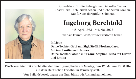 Todesanzeige von Ingeborg Berchtold von Das Gelbe Blatt Penzberg
