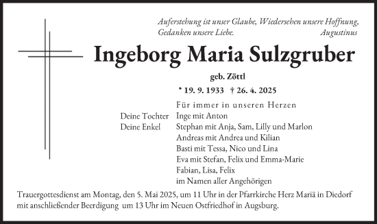Todesanzeige von Ingeborg Maria Sulzgruber von merkurtz