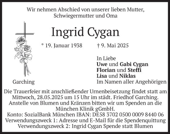 Todesanzeige von Ingrid Cygan von merkurtz