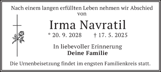 Todesanzeige von Irma Navratil von merkurtz