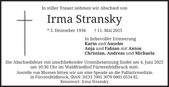 Todesanzeige von Irma Stransky von merkurtz