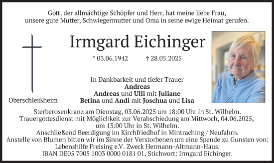 Todesanzeige von Irmgard Eichinger von merkurtz