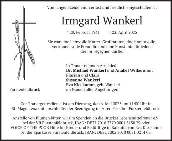 Todesanzeige von Irmgard Wankerl von merkurtz