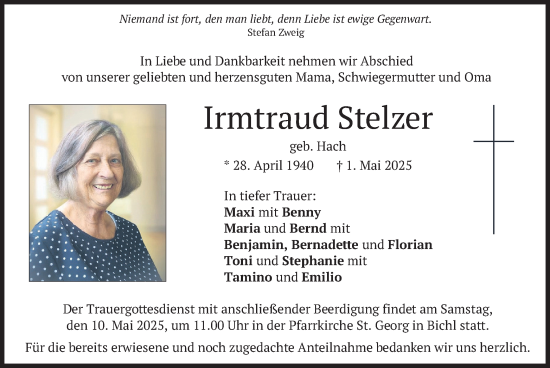 Todesanzeige von Irmtraud Stelzer von merkurtz