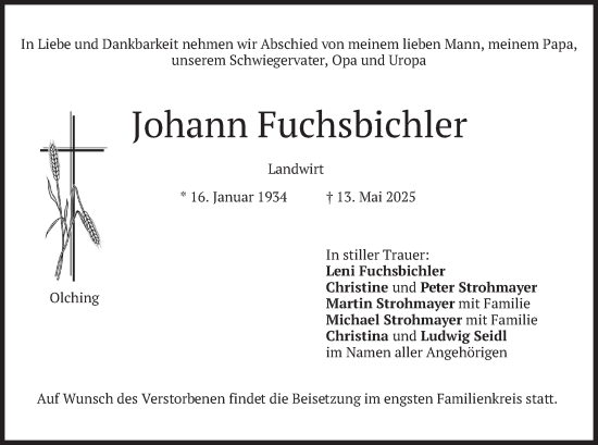 Todesanzeige von Johann Fuchsbichler von merkurtz