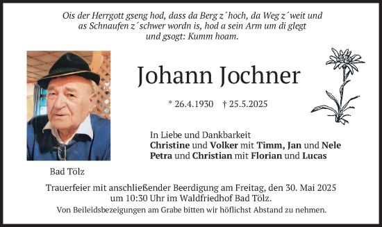 Todesanzeige von Johann Jochner von merkurtz