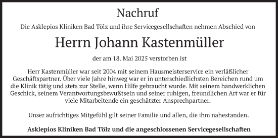 Todesanzeige von Johann Kastenmüller von merkurtz