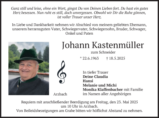 Todesanzeige von Johann Kastenmüller von merkurtz