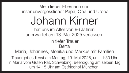 Todesanzeige von Johann Kirner von merkurtz