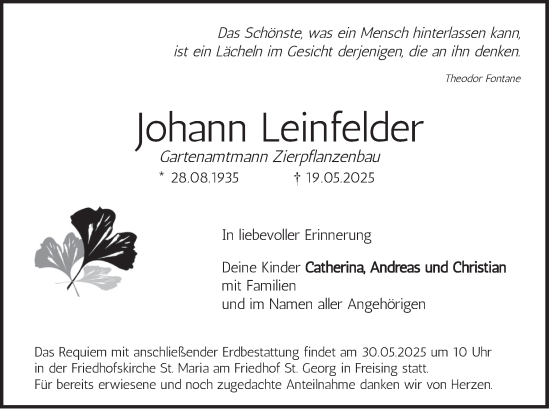 Todesanzeige von Johann Leinfelder von merkurtz