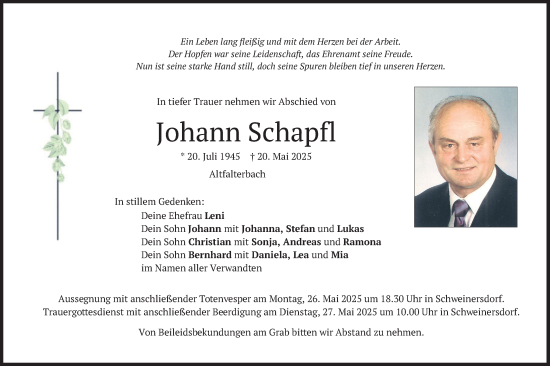 Todesanzeige von Johann Schapfl von merkurtz