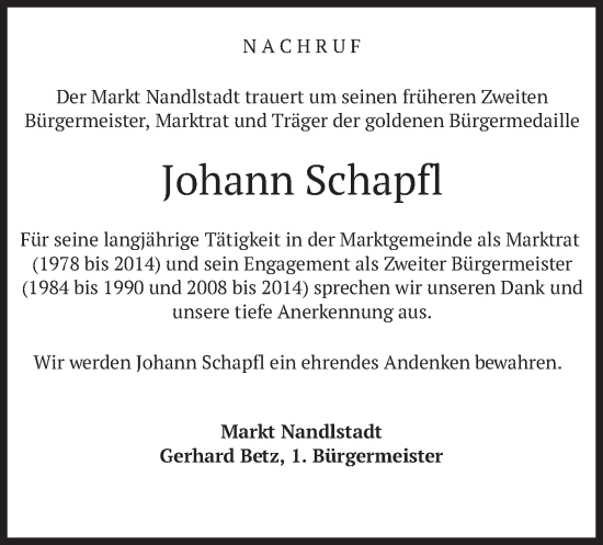 Todesanzeige von Johann Schapfl von merkurtz