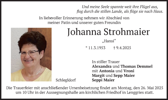 Todesanzeige von Johanna Strohmaier von merkurtz