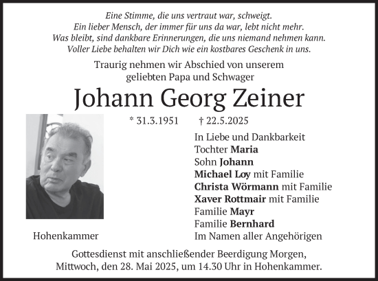 Todesanzeige von Johann Georg Zeiner von merkurtz