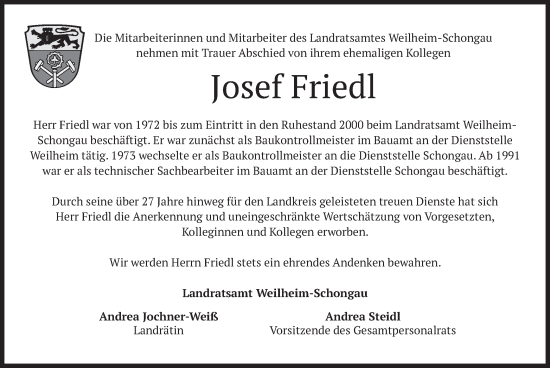 Todesanzeige von Josef Friedl von merkurtz