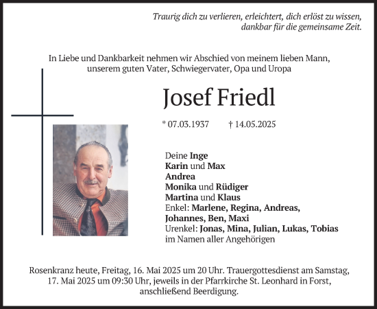 Todesanzeige von Josef Friedl von merkurtz