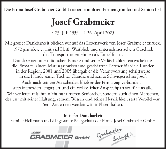 Todesanzeige von Josef Grabmeier von merkurtz