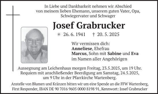 Todesanzeige von Josef Grabrucker von merkurtz
