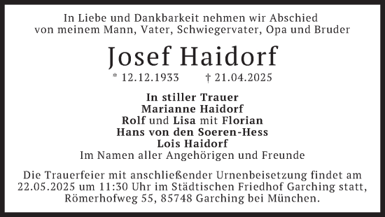 Todesanzeige von Josef Haidorf von merkurtz