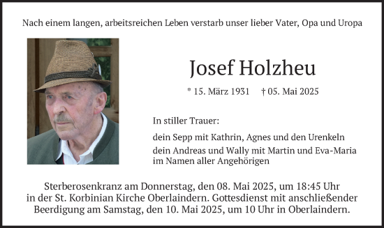 Todesanzeige von Josef Holzheu von merkurtz